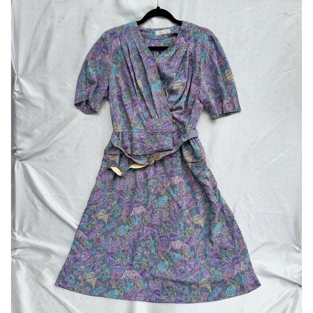 Vintage 1970s Japanese Ria Ford Floral Dress Set Purple Teal Midi Skirt M-L